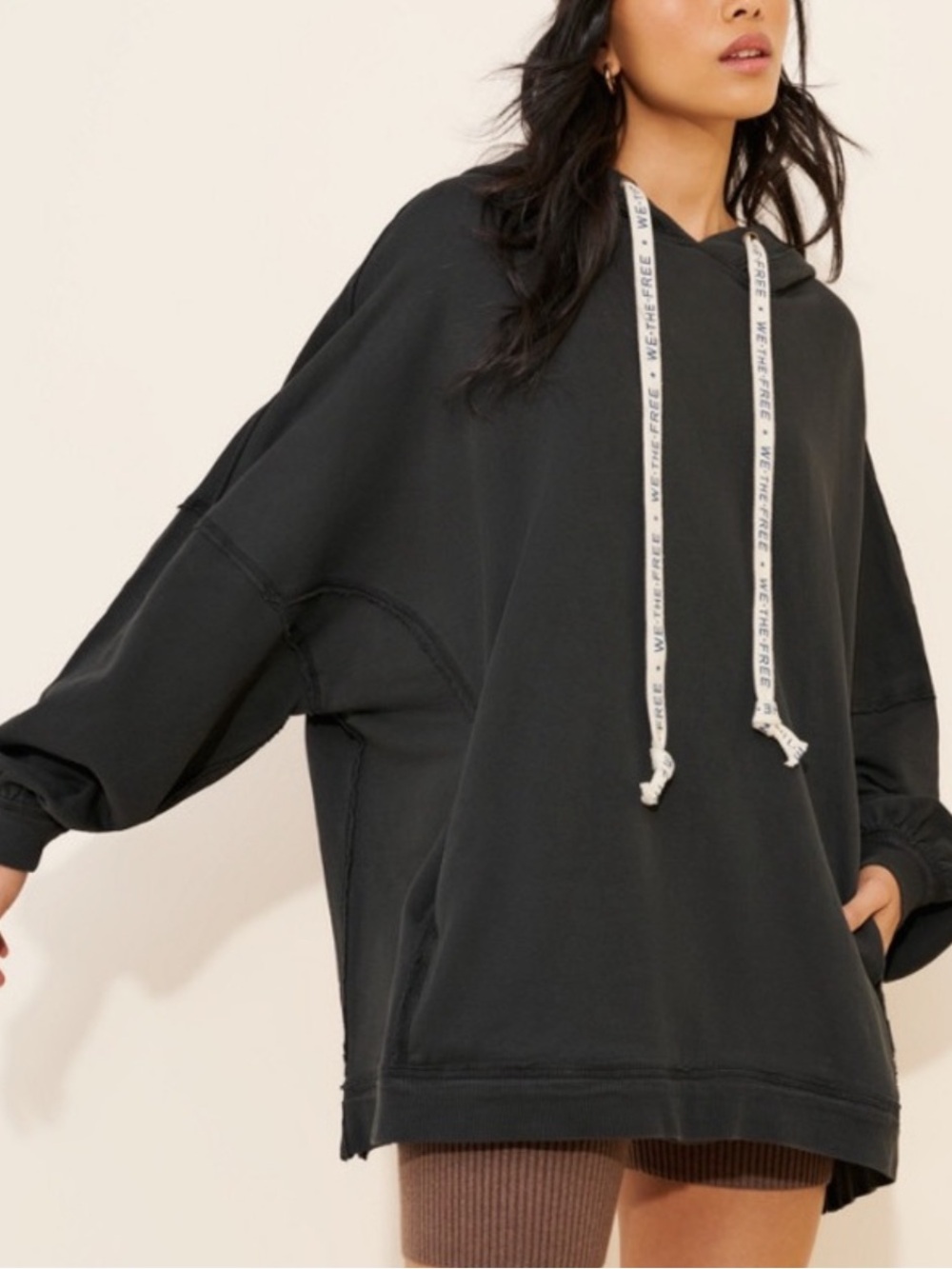 We The Free Oversized Black Hoodie with Branded Cream Drawstrings